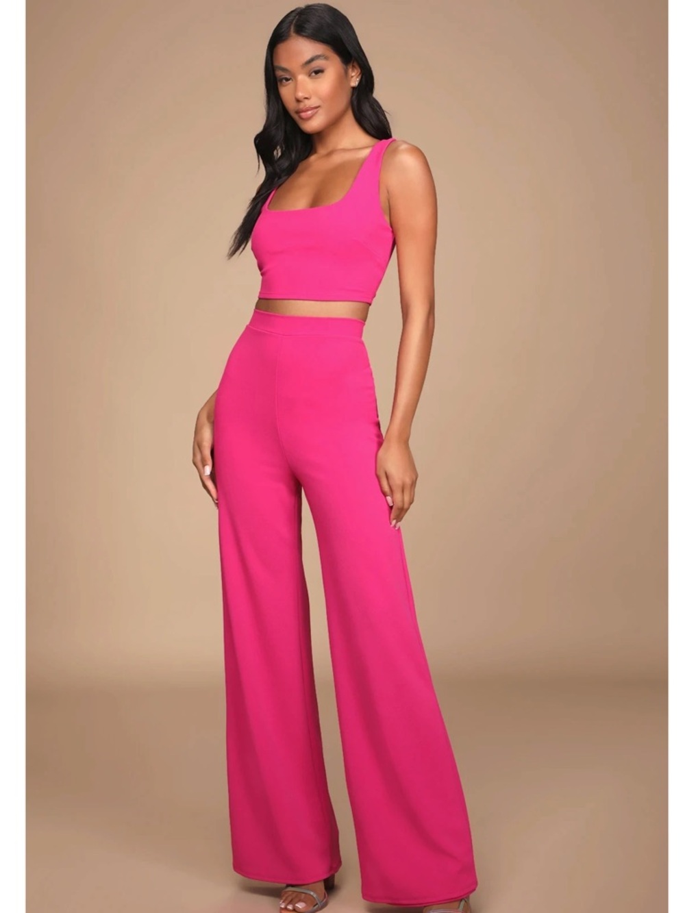 Lulus Only Tonight Hot Pink Two-Piece Wide-Leg High Waisted Pants Jumpsuit Large
